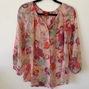 Sundance 100% Silk Floral Peasant Blouse - Pink and Red Size M